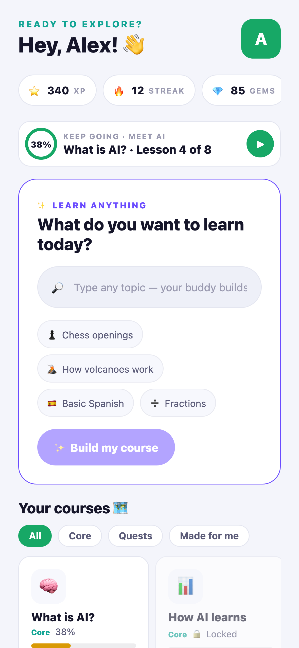 The AIQ home screen on iPhone, showing XP, streak and gems, a resume card, and the Learn Anything course builder.