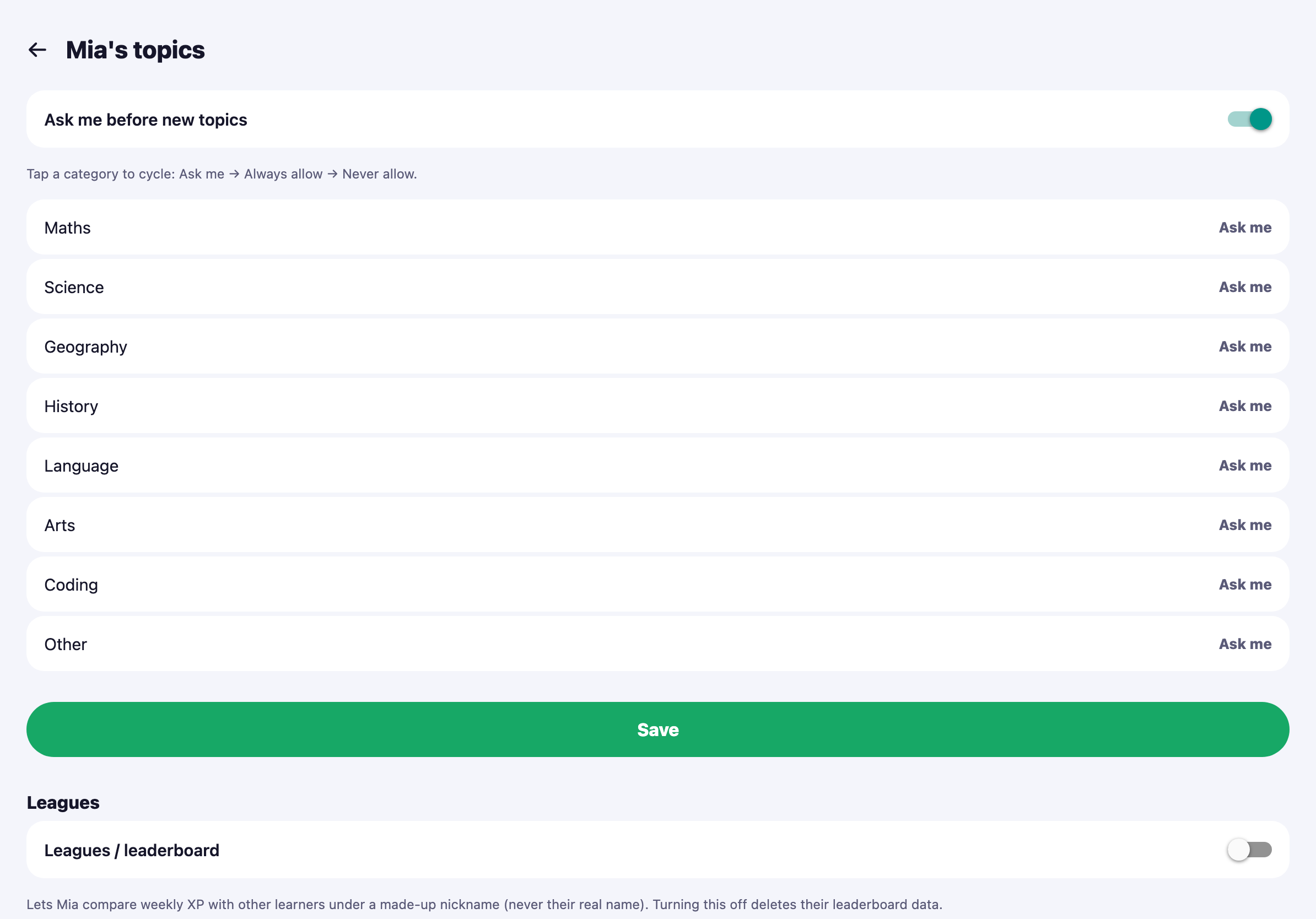 The parent topic-policy screen on iPad, showing per-category rules set to Allow, Ask or Deny for a child's account.